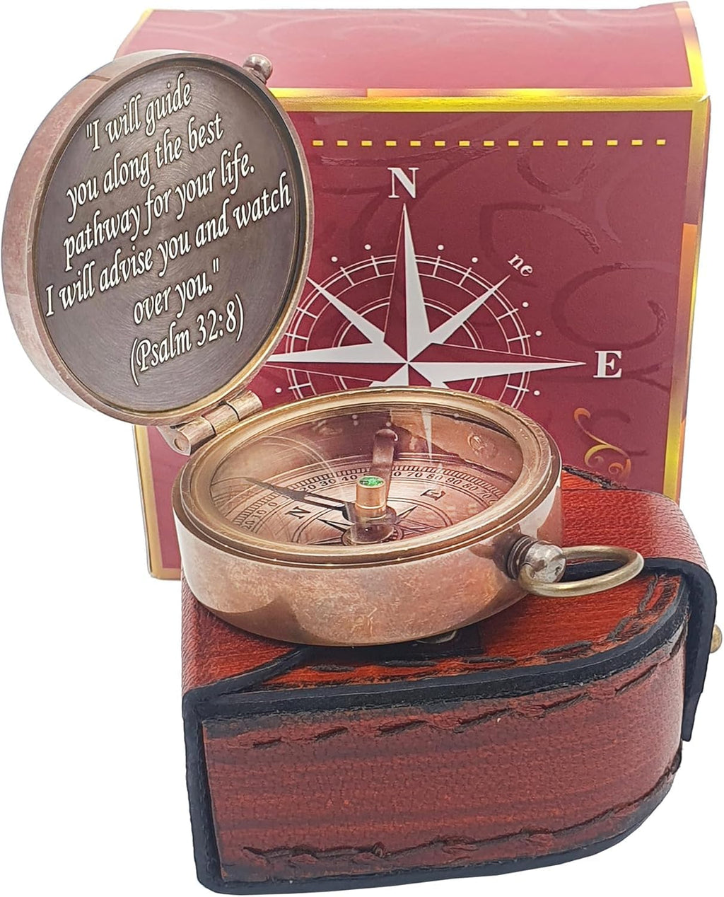 PSALM God's Path Compass - Engraved Working Handmade Antique Compass with Scripture - Religious, Christian, Catholic, Christening, First Communion, Confirmation Gifts for Teenage Men (Leather Box)
