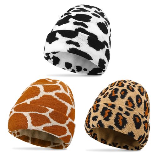 Zhamate 3 Women Men Print Beanie Hats Winter Knitted Warm Hat with Cow Leopard and Giraffe Prints Funny Gifts for Animal Lovers
