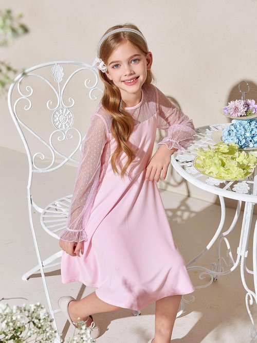 Haloumoning Girls A-Line Short Dress - Contrast Mesh Long Sleeve with Pockets | Sizes 4-14 Years