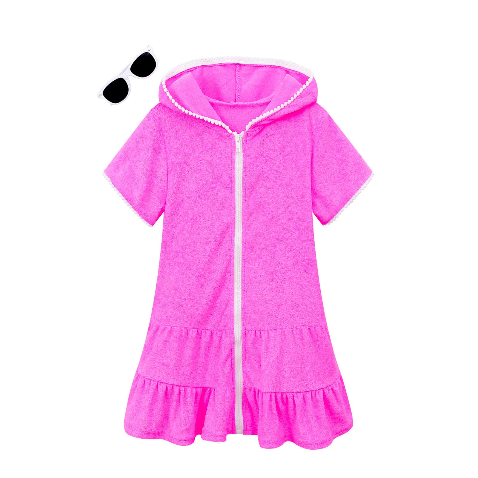 LUCKYGAL Girls Swim Cover Up Kids Swimsuit Coverup Terry Zip-Up Beach Bathing Suit, Size 6 7 Rose Red