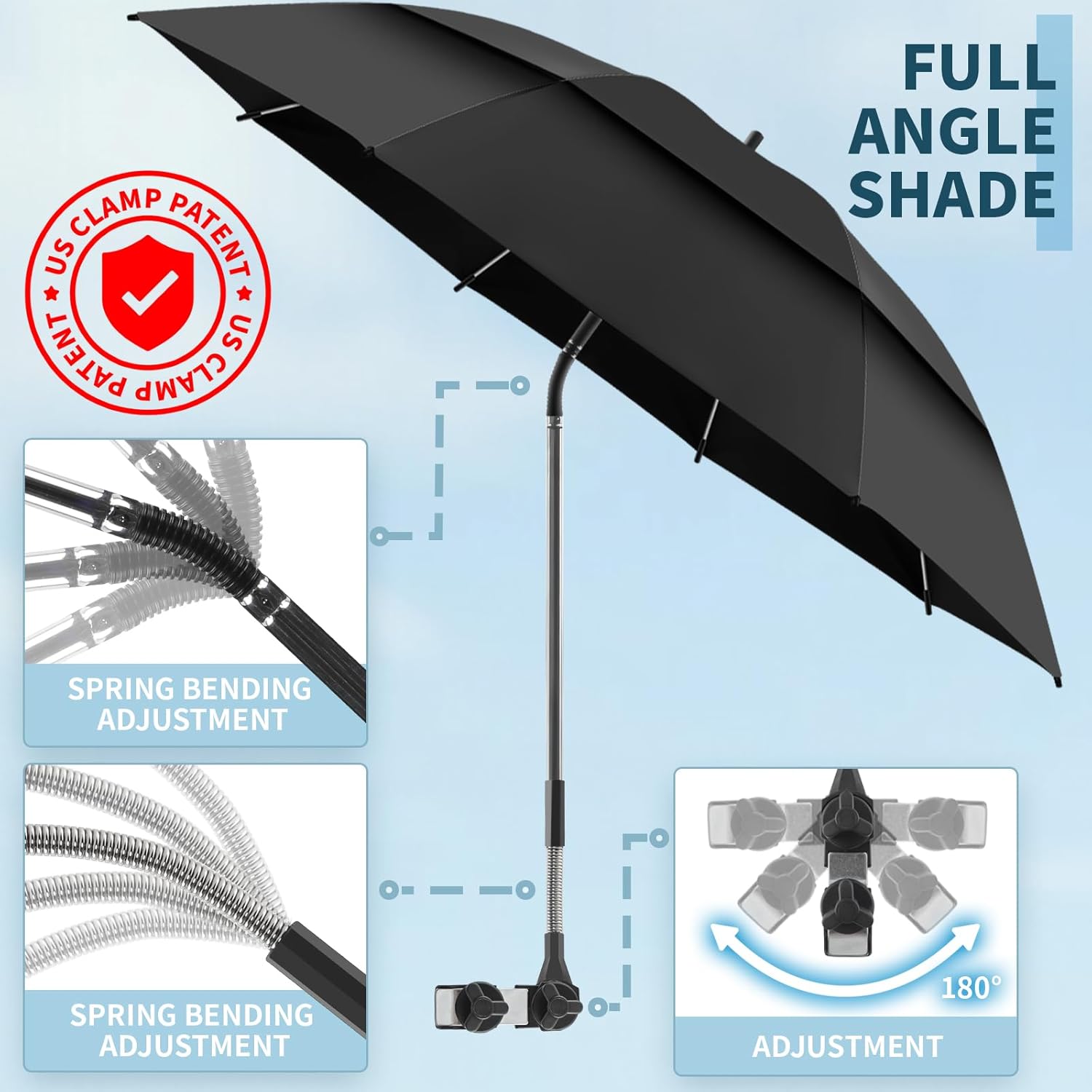 Skiennix 48.6" Double Canopy Umbrella - UPF50+ Beach Chair Umbrella with Clamp & 360° Adjustment | Black