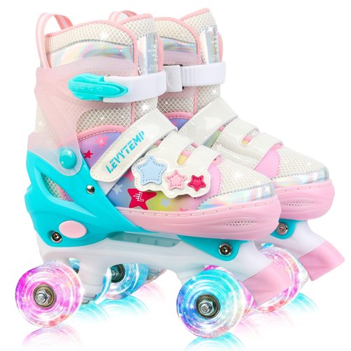 LEVYTEMP Kids Roller Skates for Girls Kids with Light Up Wheels, Adjustable 4 Sizes (10C-7.5Y), Star Design, Triple Safety System, Ideal Gift for Ages 3-12