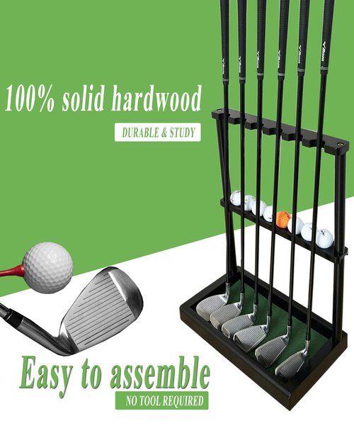 GACCO BILLIARDS Golf Club Holder Stand, Wooden Golf Putter Stand Floor Display Rack, Golf Club Organizer Hold up to 6 Clubs and Ball Storage, Putter Rack for Indoor Club Simulator or Office (Black)