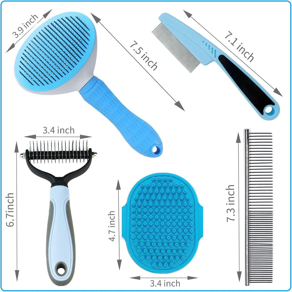 Skiennix Dog Brush Grooming Kit - 5PCS Set for Shedding, Flea Comb & Slicker Brush | Blue