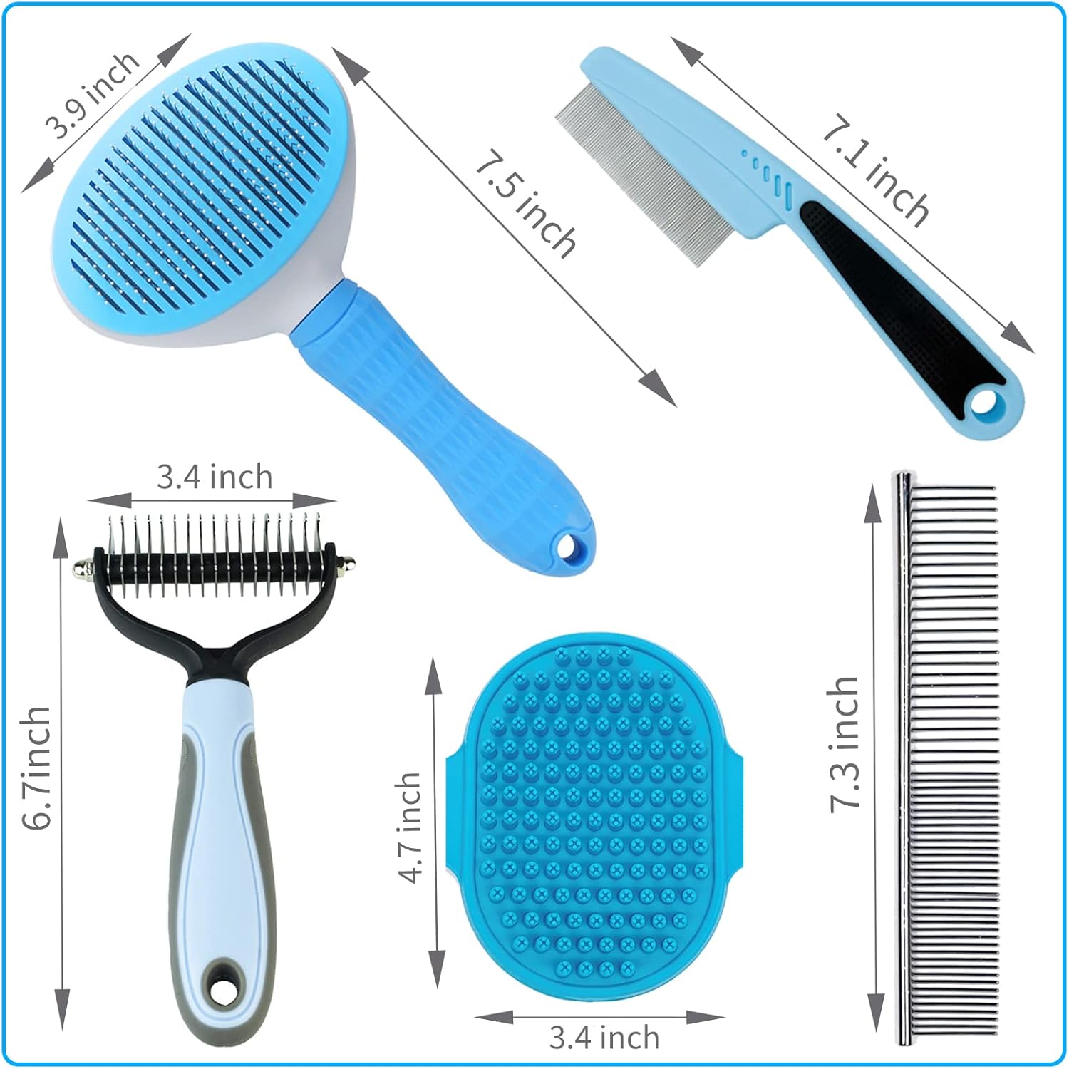 Skiennix Dog Grooming Brush Kit - 5-Piece Set for Shedding, Flea Comb & Slicker Brush | Blue