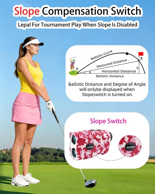 Lensalyx Pink Range Finder Golf - 1200 Yards Golf Rangefinder with Slope, 7X Magnification, Rechargeable, Built-in Magnetic Strip,0.1s Flag Pole Locking Vibration,Golf Accessories for Women