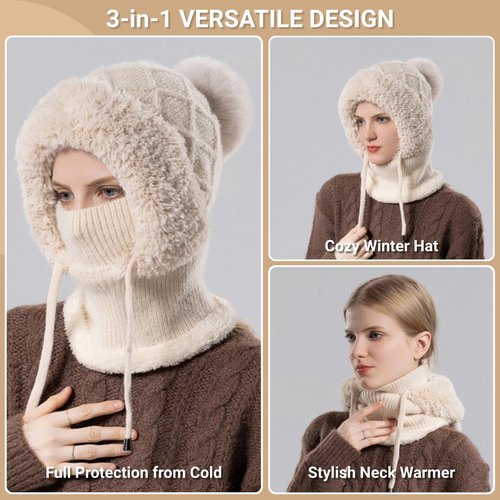 3 in 1 Beanie Hat for Women, Womens Knitted Hat in Autumn and Winter, Outdoors Fleece Lined Beanie Hat Scarf Mask Set (Black)