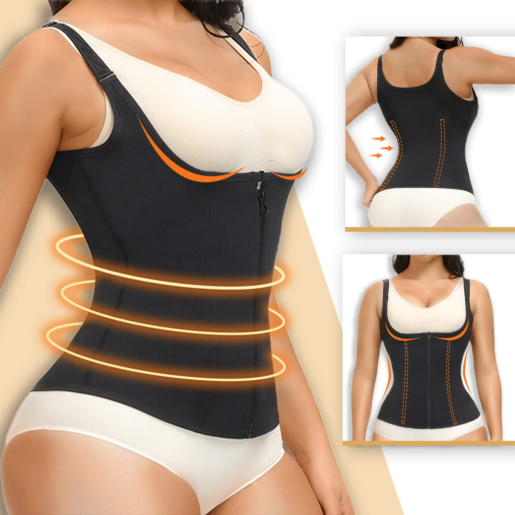 YADIFEN Waist Trainer Vest for Women,Zipper Corset Body Shaper for Tummy Control Neoprene Cincher Tank Top with Straps (Black-Fixed shoulder straps, L)