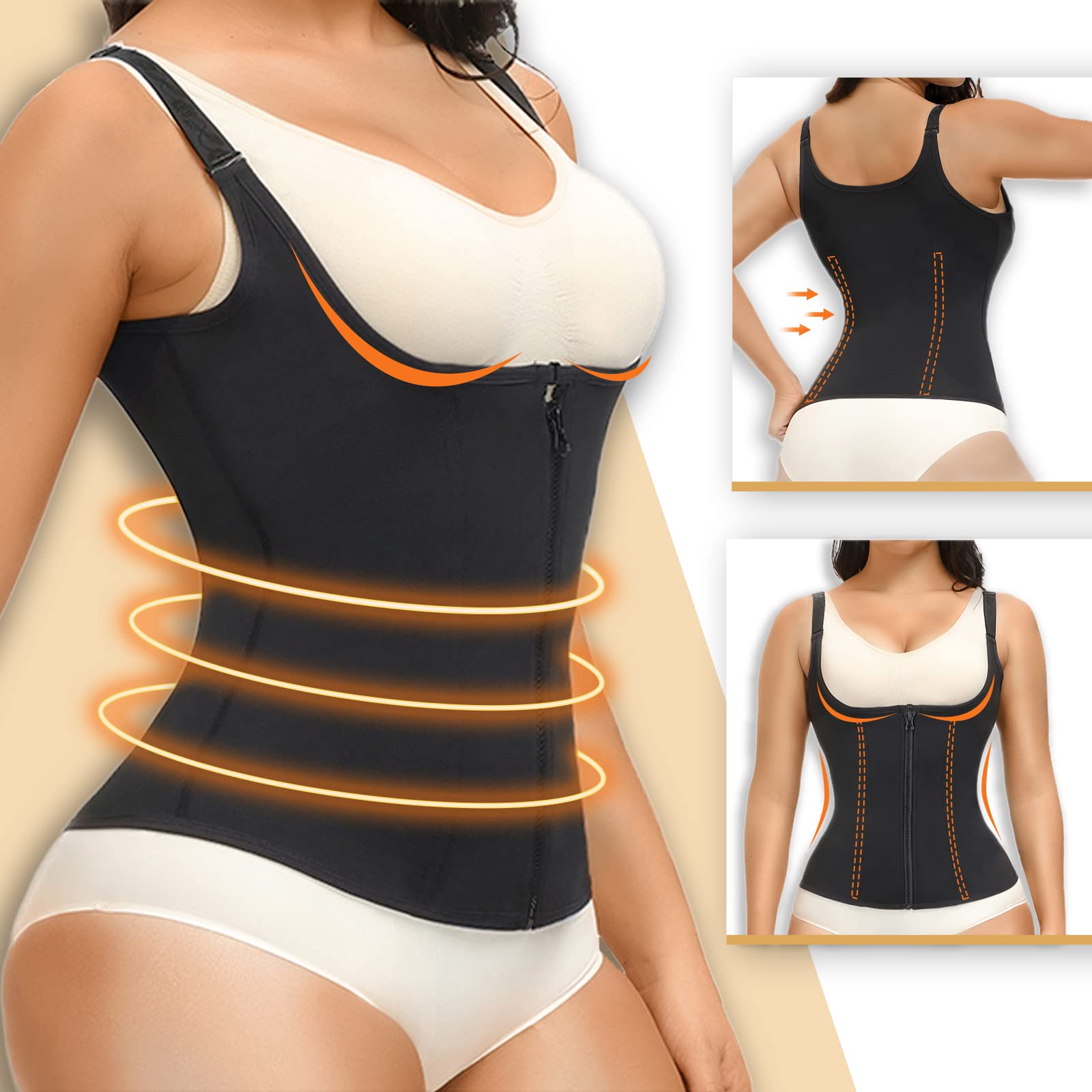 YADIFEN Waist Trainer Vest for Women,Zipper Corset Body Shaper for Tummy Control Neoprene Cincher Tank Top with Straps (Black-Fixed shoulder straps, L)