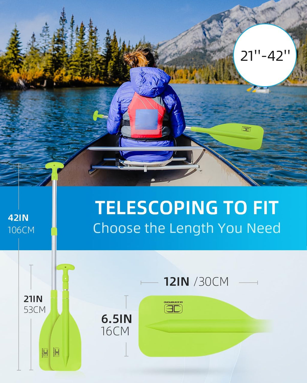 OCEANBROAD Telescoping Emergency Paddle - Adjustable 21''-42'' or 26''-54'' Aluminium Shaft for Kayaking & Canoeing