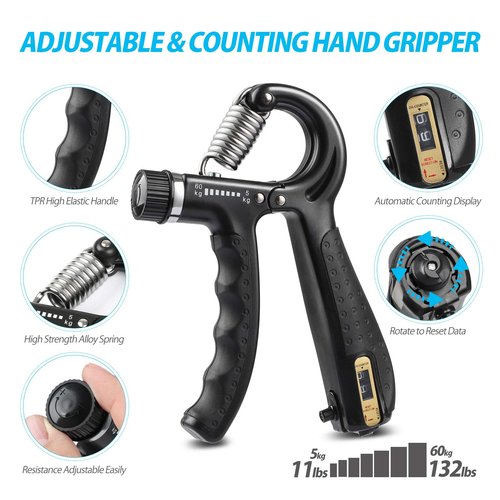 NIYIKOW Grip Strength Trainer, Adjustable Hand Grip Strengthener Kit - 5 Pack with Counting Forearm Strengthener, Finger Trainer, Finger Exerciser, Grip Ring, Grip Ball - Black