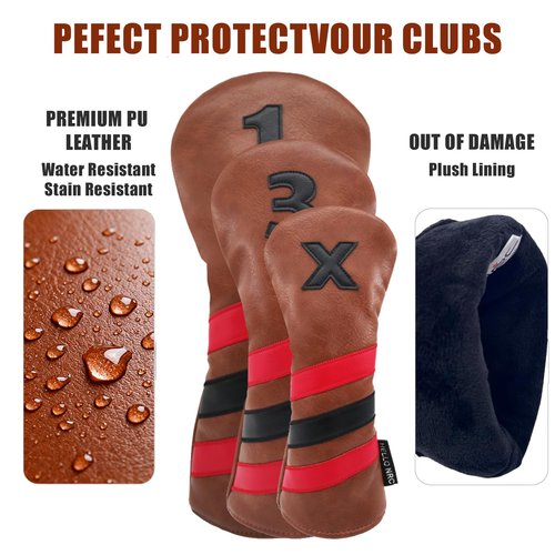 Forenee Golf Club Head Covers for Fairway Wood Hybrid, 3 Pack Brown Golf Accessories, Diver Headcover Set Numbered 1,3,X, PU Leather Exterior & Plush Lined for Extra Protection