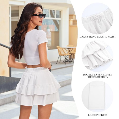 JEKAOYI Flowy Shorts for Women Ruffled Tiered Pleated Mini Skirts Boho High Waist Comfy Tennis Golf Skorts White
