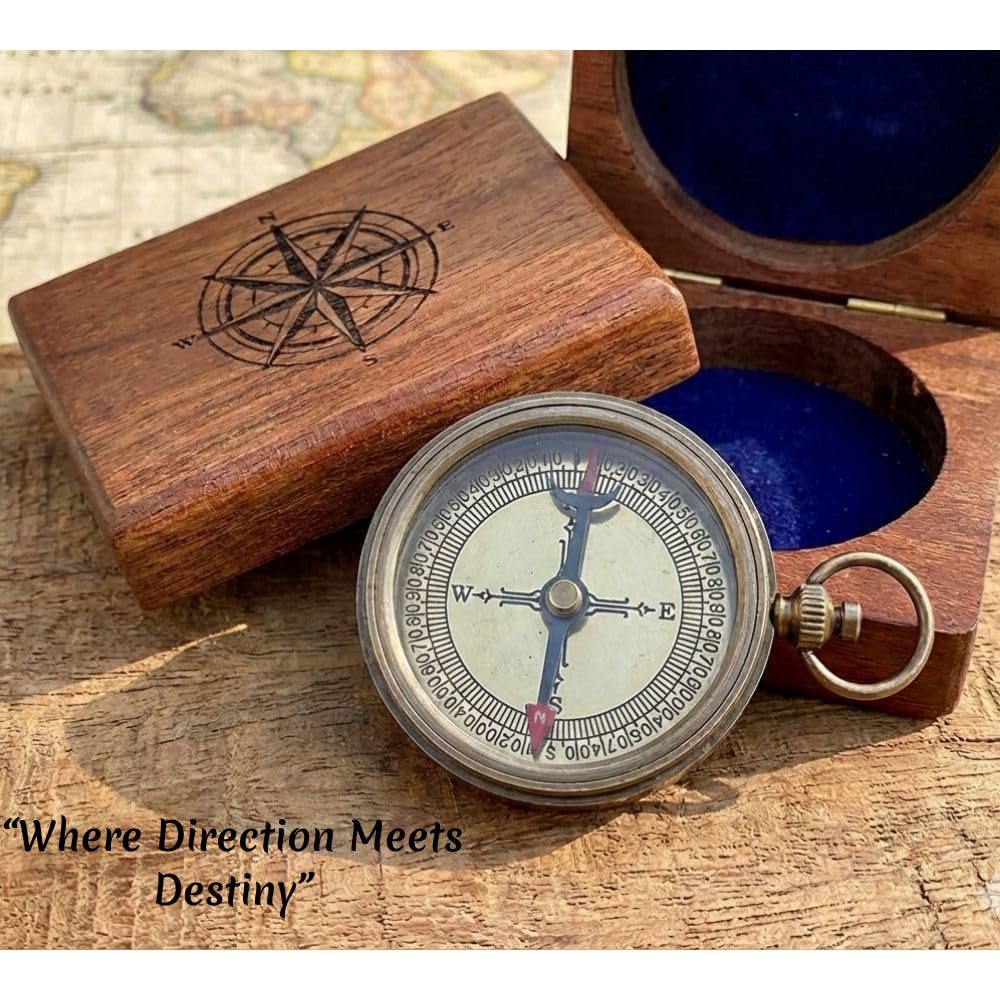 Solid Brass Engraved Compass | Go Confidently in Direction of Dreams Inspirational Thoreau Quote | Graduation & Baptism Gift | Vintage Antique Finish | Includes Wooden Case | Nautical Collectible