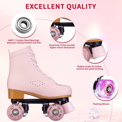 YYW High-top PU Leather Roller Skates for Women，Outdoor Roller Derby Skates for Unisex Beginners with Light up Wheels(Pink-39-Women 8.5/Men 7)