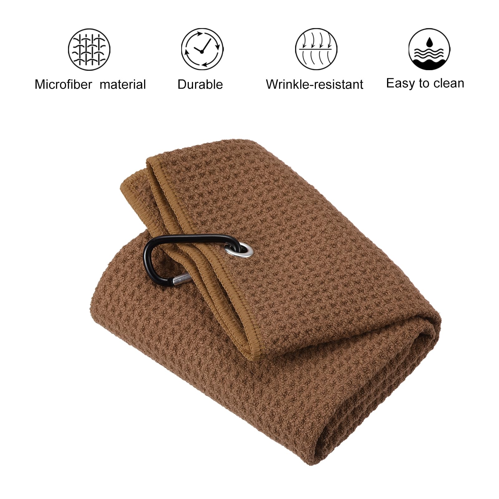 PATIKIL 12"x12" Tri-Fold Golf Towels, 3 Pack Waffle Pattern Towels Soft Fiber Strong Water Absorption with D Clip for Golf Lovers, Brown