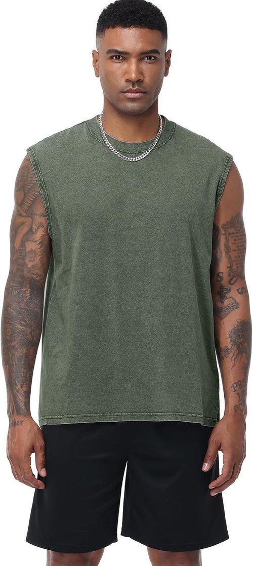 Flygo Men's Sleeveless Workout Tank Tops - Acid Wash Cotton Muscle Tees for Gym & Running