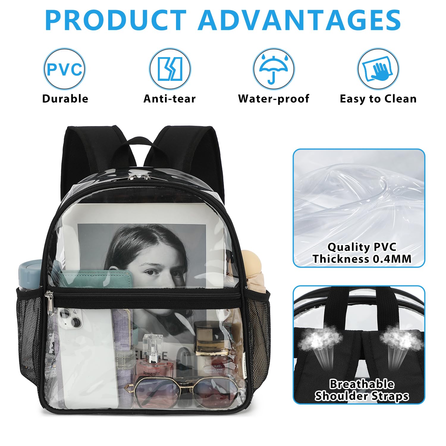 Fammart Clear Backpack Stadium Approved 12x6x12 - Kids & Small Adult Transparent Backpack for School, Work, Sports, Concerts - Clear Bag