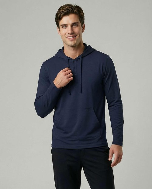 Real Essentials 3 Pack: Men's Cotton Henley Pullover Hoodie Lightweight Casual Long Sleeve Hooded Sweatshirt- Set 2, L