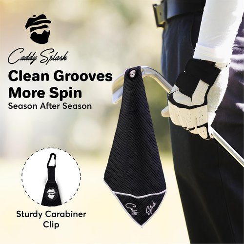 Caddy Splash Pocket Mag Towel – Magnetic Microfiber Golf Towel with Ball Pocket, Ultra-Absorbent & Durable, Strong Magnet & Carabiner for Easy Bag Attachment – The Ultimate Golf Towel-Black/White