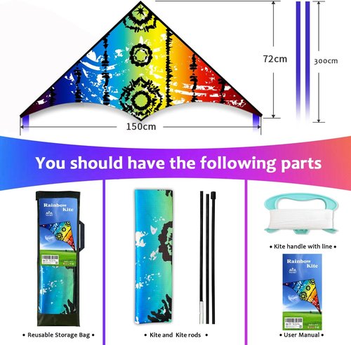 HONBO Large Delta Kite - Easy to Fly for Kids & Adults | Colorful Tail & String Line Included