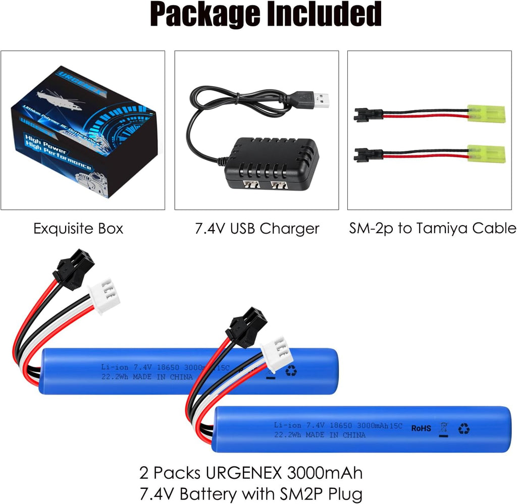 URGENEX Airsoft Battery Pack - 7.4V 3000mAh High Capacity with SM2P & Mini Tamiya Plugs | Fits SRB1200, MP5K, M4