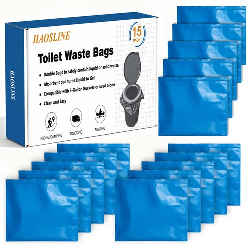 HAOSLINE 15 Pack Toilet Waste Bags Leak Proof Double Bag Design & Absorbent Pad- Great for Camping,RVing, Hiking, or Boating -Portable Toilet Bags Fit 5-gallon Buckets and Portable Toilets