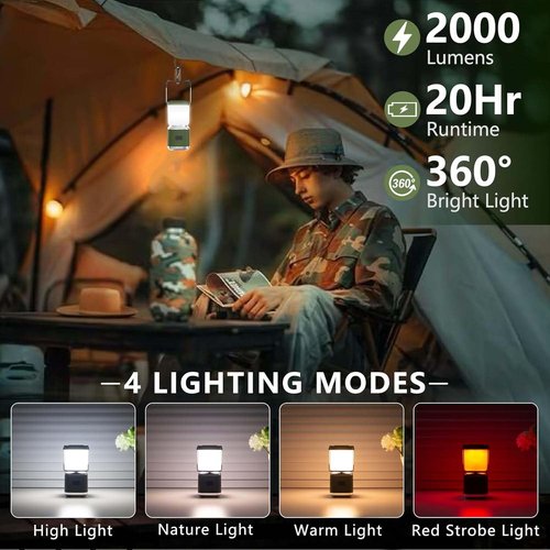 Portable Camping Lantern Rechargeable -4inch, 2000LM LED Camping Lights Lantern with Redlight&20Hours Runtime& Stepless Dimming, Hurricane Emergency Lights for Power Outages, Waterproof Camping Lamp