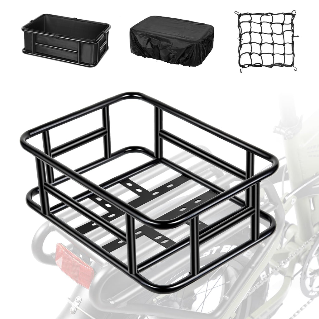 PIREKZUNT Bike Basket, 18"X13"X6" Ebike Rear Basket with Liner,Waterproof Cover,Cargo Net Large Rear Removable Metal Bike Basket, Heavy Duty E Bike Rear Basket