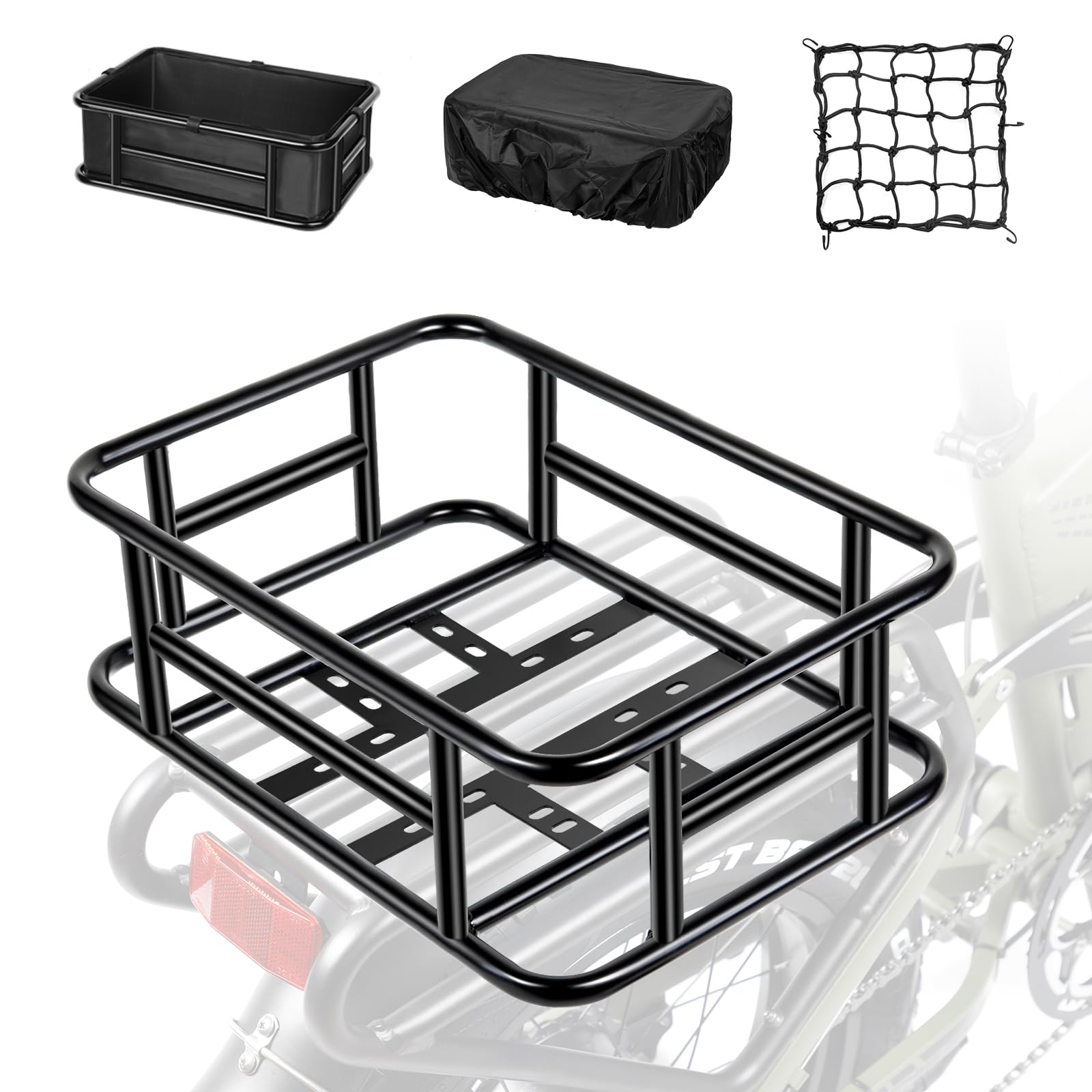 PIREKZUNT Bike Basket, 18"X13"X6" Ebike Rear Basket with Liner,Waterproof Cover,Cargo Net Large Rear Removable Metal Bike Basket, Heavy Duty E Bike Rear Basket