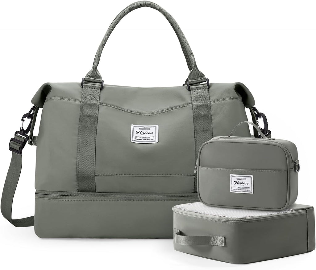 Skiennix Travel Duffle Bag - Stylish Weekender with Shoe Compartment | 3-Piece Set in Olive Green