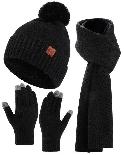 AWAYTR Winter Beanie Hat Gloves Scarf Set for Women - 3 Piece Knit Gift Set with Pom Pom Hat Touch Screen Gloves and Scarf (Black)