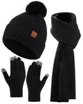 AWAYTR Winter Beanie Hat Gloves Scarf Set for Women - 3 Piece Knit Gift Set with Pom Pom Hat Touch Screen Gloves and Scarf (Black)