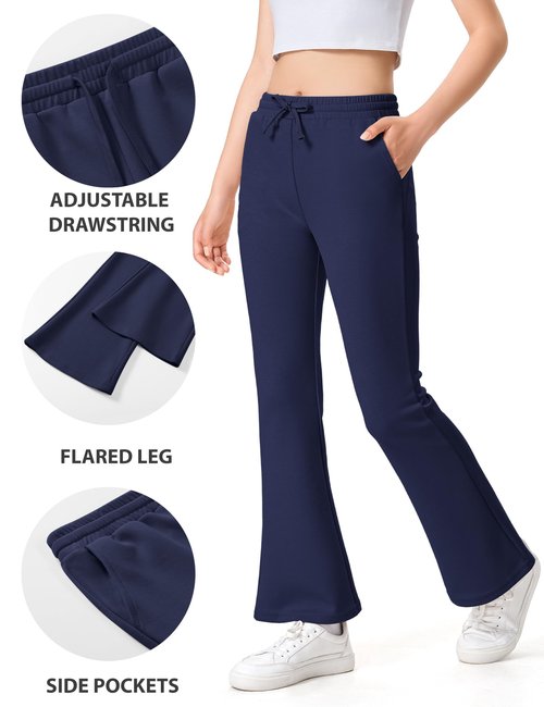 NUMYEAN Girls Uniform Pants Flare Sweatpants Joggers Pants Preppy Clothes for Girls 9-10 Years Navy