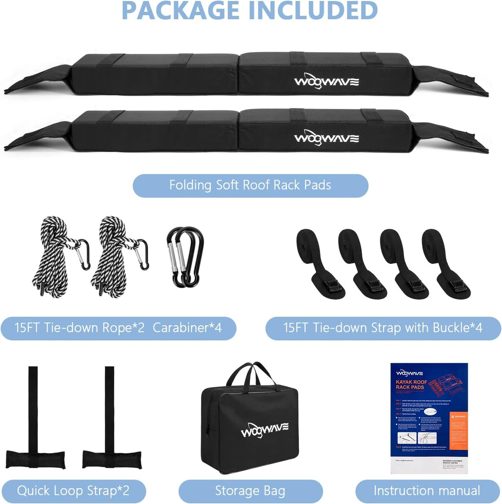 WOOWAVE Folding Kayak Carrier - Soft Roof Rack Pads with 4 Tie Down Straps & Storage Bag | Universal Fit for Canoe, Surfboard, Paddleboard, SUP