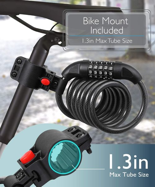 Fosmon Heavy-Duty Bike Lock Cable - 6 Feet Self-Coiling 5-Digit Resettable Combination Lock | Black