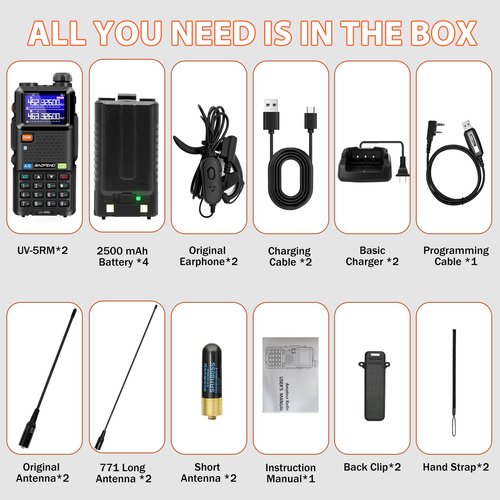 BAOFENG 5RM 10W Ham Radios Long Range 2 Pack, Multi-Band Portable Two-Way Radio NOAA Weather Receiver, UV-5RM Walkie Talkies Rechargeable with Frequency Copy & 4PCS 2500mAh USB-C Batteries