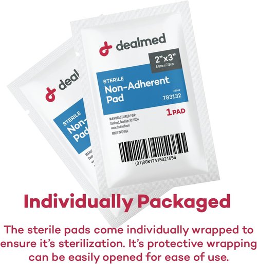 Dealmed Sterile Non-Adherent Gauze Pads - Highly Absorbent, Non-Stick, 3" x 4", 100 Count Box