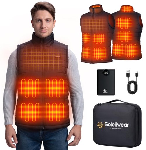Soleilwear Mens Heated Vest with 12000mAh Battery, 9 Heated Zones Lightweight Rechargeable Vest for Camping Ski Outdoor