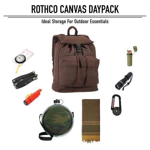 Rothco Canvas Daypack – Heavy-Duty Cotton Canvas Backpack for Hiking, Camping, Traveling, and Daily Use – 34L Capacity, Earth brown