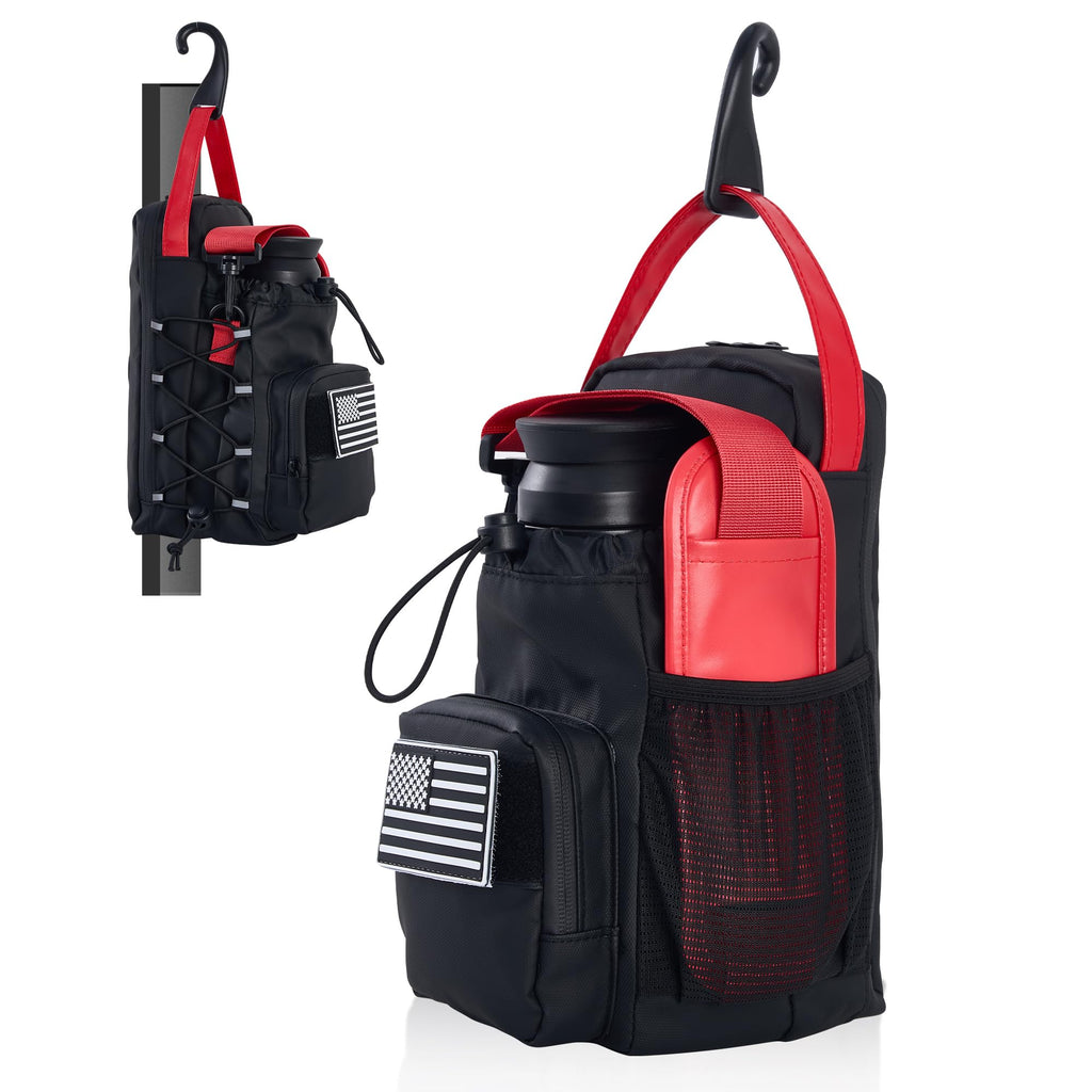 Magnetic Gym Bag & Water Bottle Holder for Gym Equipment, Compact Sling Pouch with 3 Pockets, Strong Magnet Attachment for Squat Racks, Cable Machines & Lockers, Removable Patch, Black