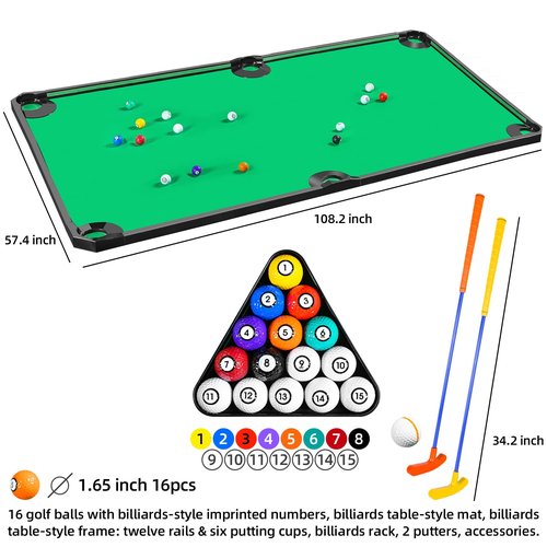 GOODLYSPORTS Golf Game -Combining Mini Pool Table & Golf - World’s Largest Putting Green Indoor，Putting Mat 108.2" L x 57.4" W，Golf Pool Indoor Family Game