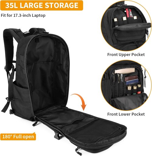 HUNTVP Tactical Backpack - 35L Military MOLLE Daypack for Work, Camping & Hiking | Black