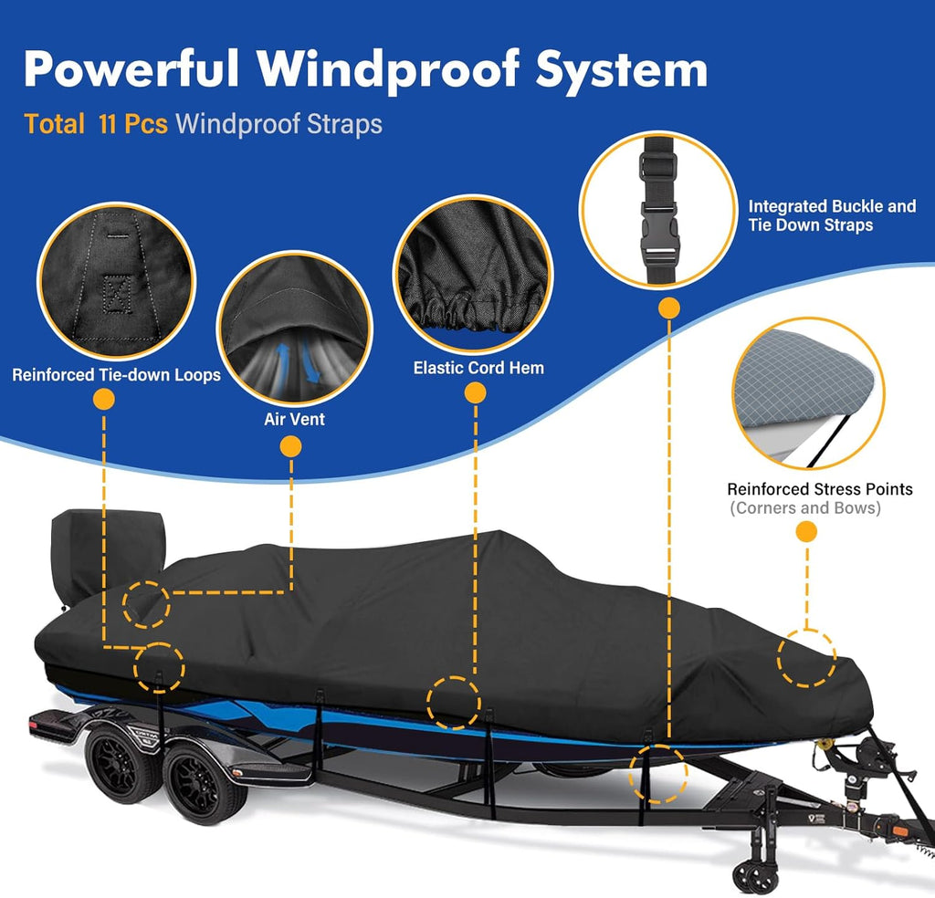 1200D Waterproof Boat Cover - Heavy Duty Canvas for 16' to 18.5' Bass, V-Hull & Bowrider Boats - Black