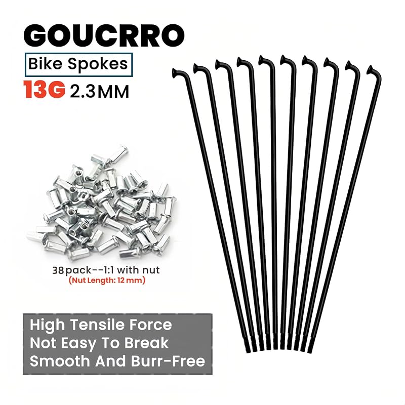 13G Bicycle Spokes 2.3mm Steel 70-300mm - 38pcs Black Nuts, Universal Fit - Variation: Black-13G-222mm