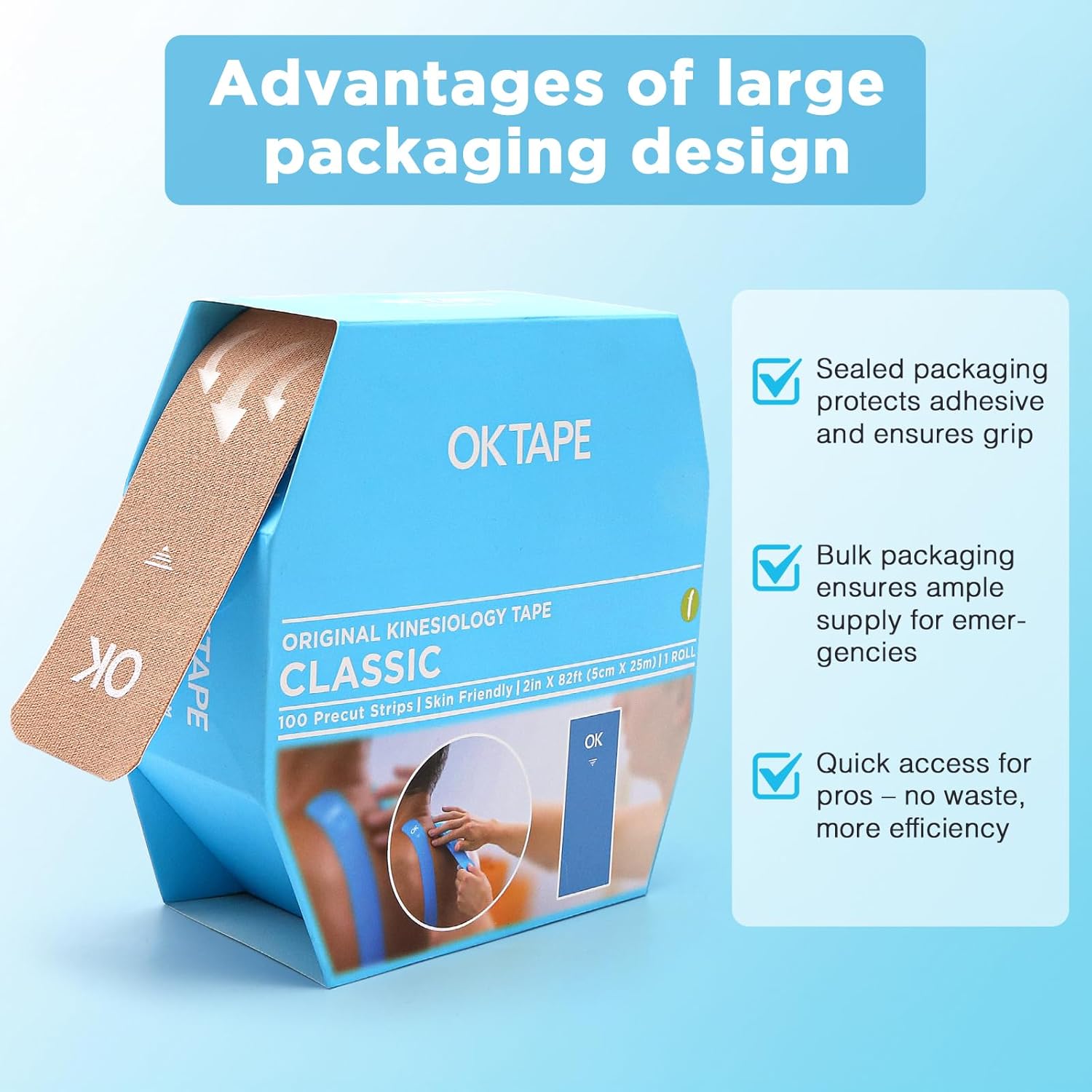 OK TAPE Kinesiology Tape - Pre-Cut Strips (100 PCS) | Hypoallergenic, Waterproof Athletic Tape 2in x 10in