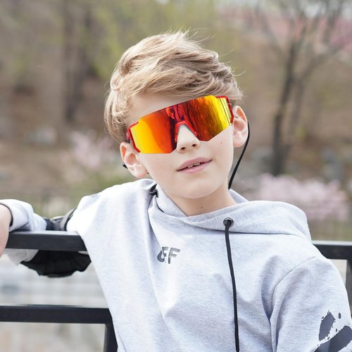 DUCO Polarized Kids Sunglasses Youth Sports Cycling Shades Lightweight Frame UV400 Child Boys Girls Baseball SunGlasses DK310 (Red Frame Black White Dot Black Temple Revo Orange Lens)