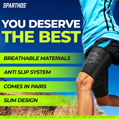 Sparthos Thigh Compression Sleeves (Pair) - Verify Size with Chart Before Ordering – Quad and Hamstring Support – Breathable Upper Leg Sleeves for Men and Women – Anti Slip (XX-Large, Midnight Black)
