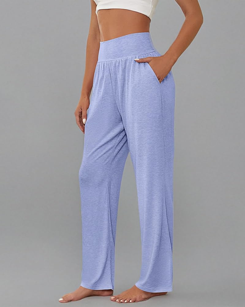 3 Pack Women’s Wide Leg Yoga Pants with Pockets - Black, Gray, Blue (Medium)