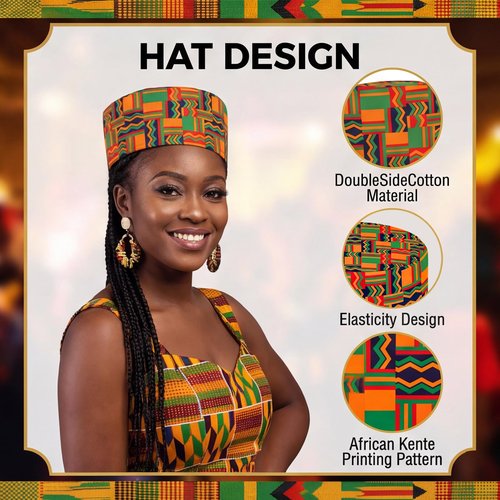 2Pcs African Kente Pattern Kufi Hat Men African Print Scarf Black African History Stole Sash Graduation Women Accessory